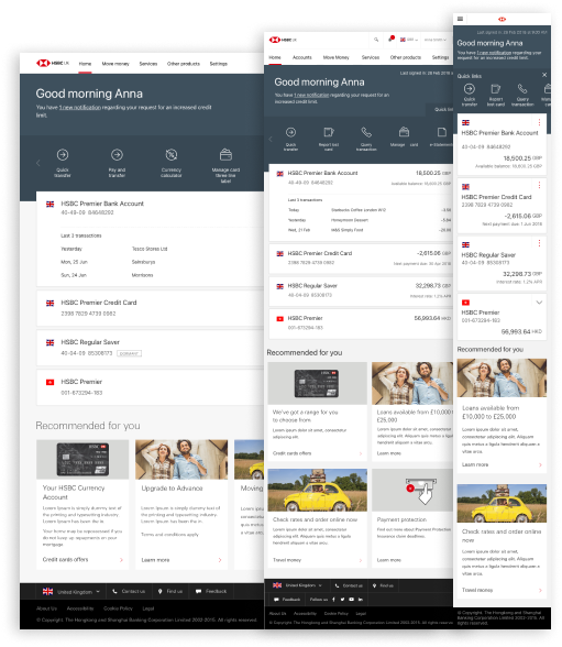 HSBC re-designed Home screens displayed across multiple breakpoints