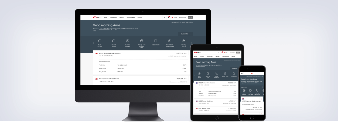 HSBC re-designed Home screens displayed across multiple devices